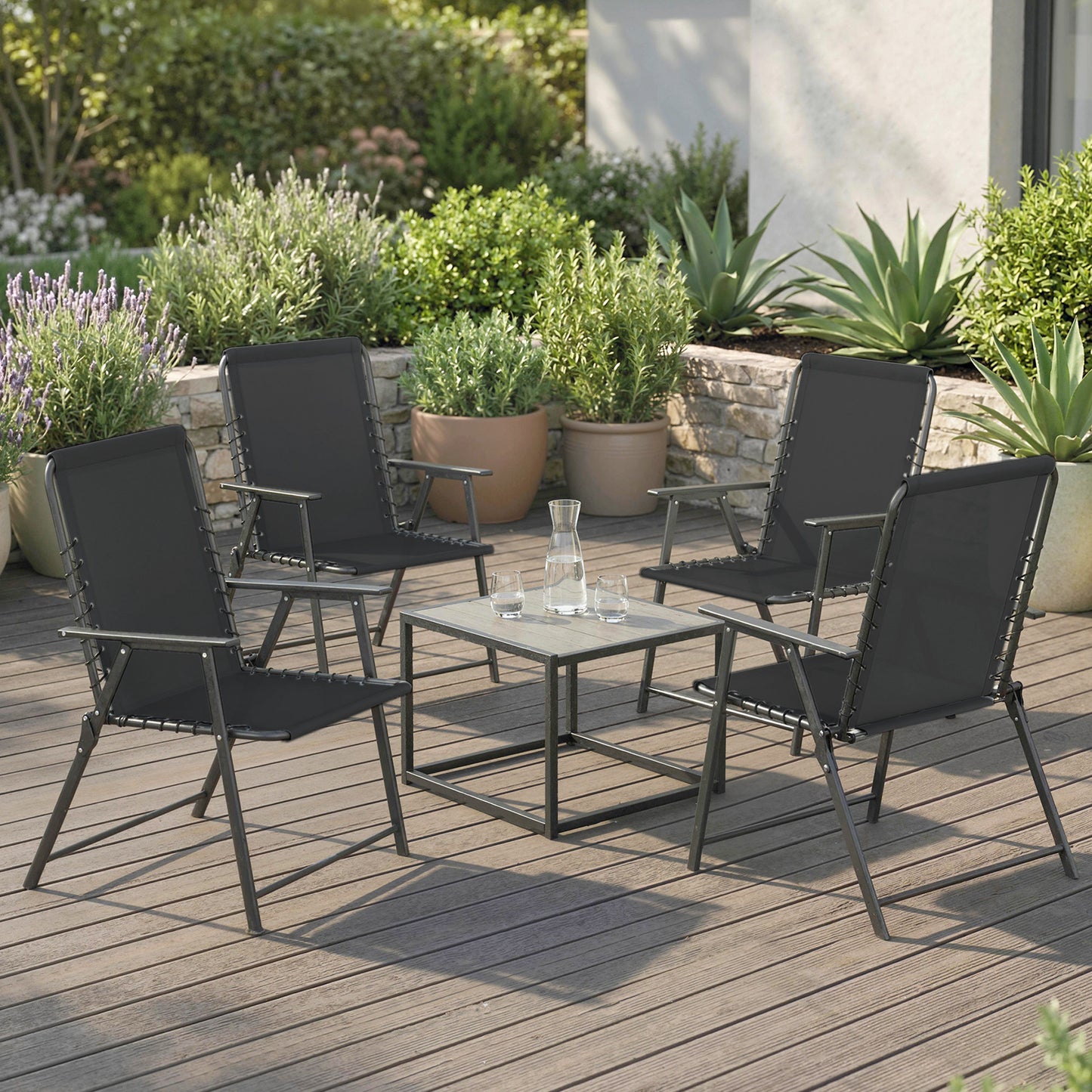 Folding Garden Chairs Set of 4, Outdoor Dining Chairs with Wide Texteline Seat, High Back and Armrests, Black