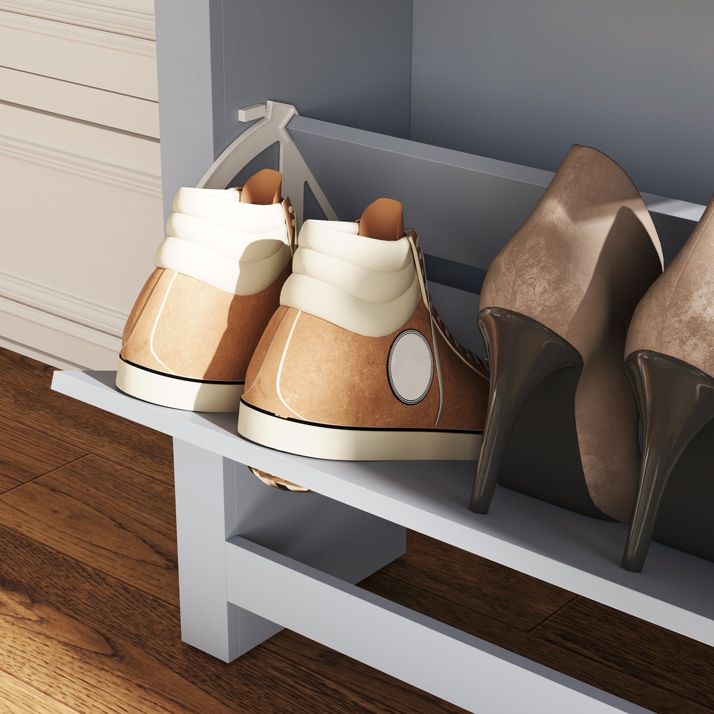 2 Drawer Shoe Cabinet Modern Narrow Shoe Cupboard Hallway Wooden Storage Organiser with Flip Doors Adjustable Shelf for 6-12