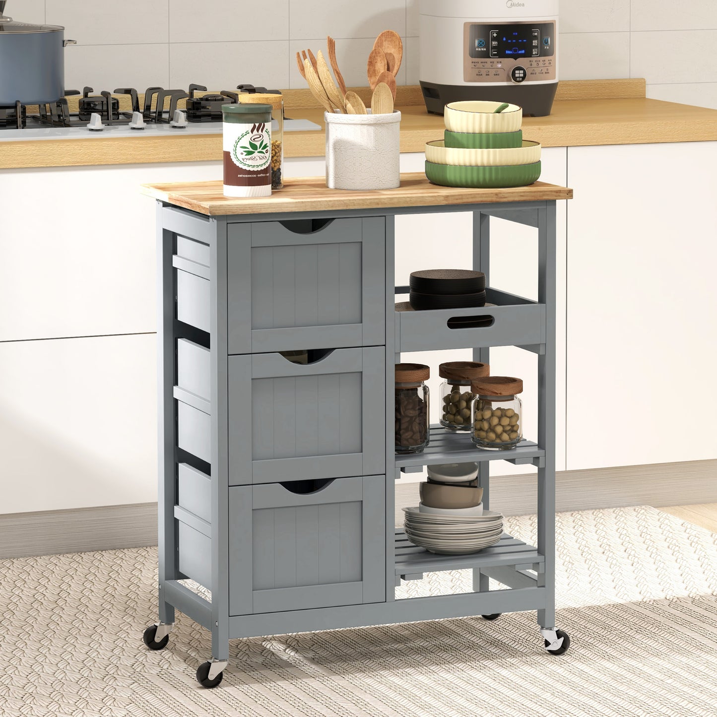 Rolling Kitchen Island Cart, Bar Serving Cart, Compact Trolley on Wheels with Wood Top, Shelves & Drawers, Grey
