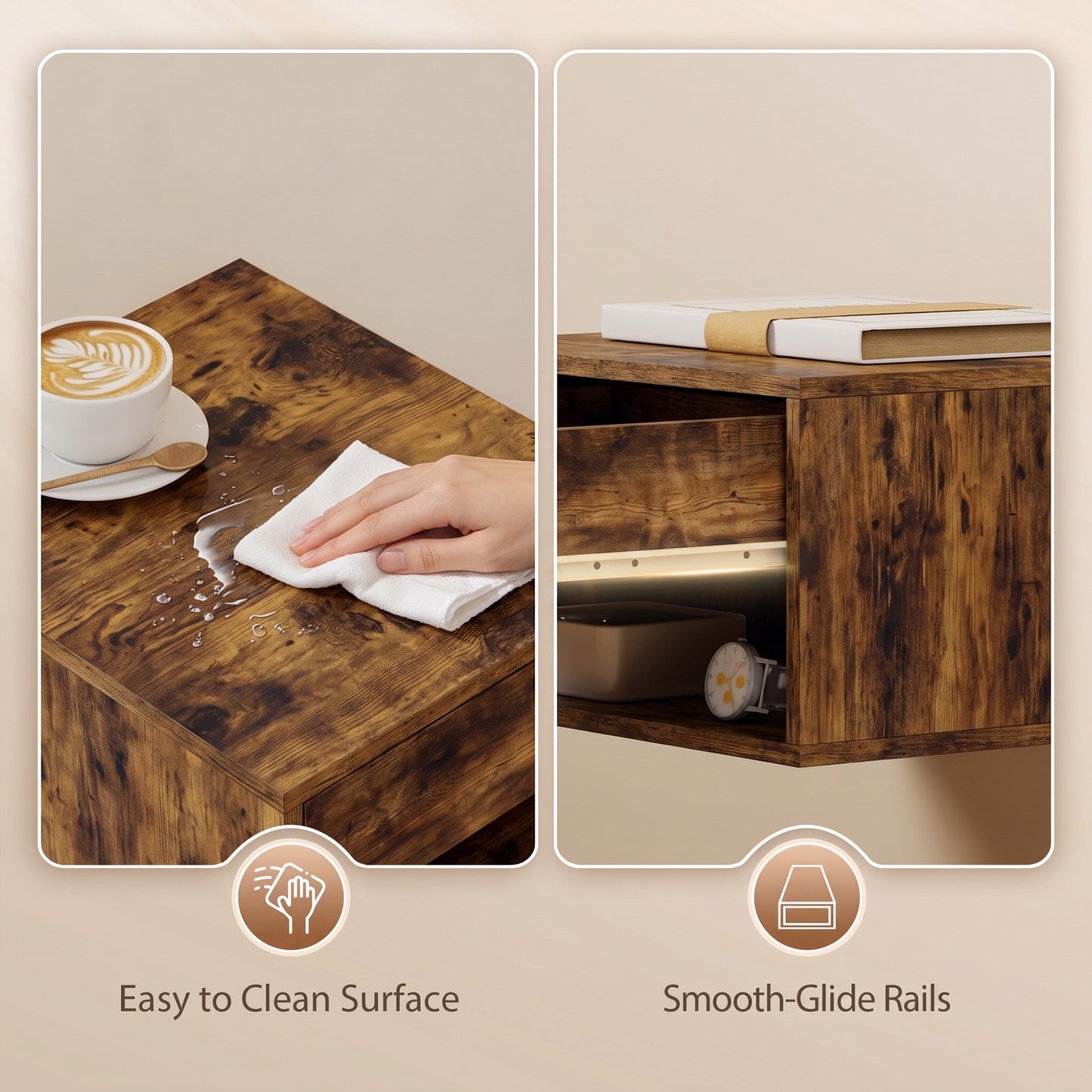 Set of Two Floating Bedside Tables - Rustic Brown