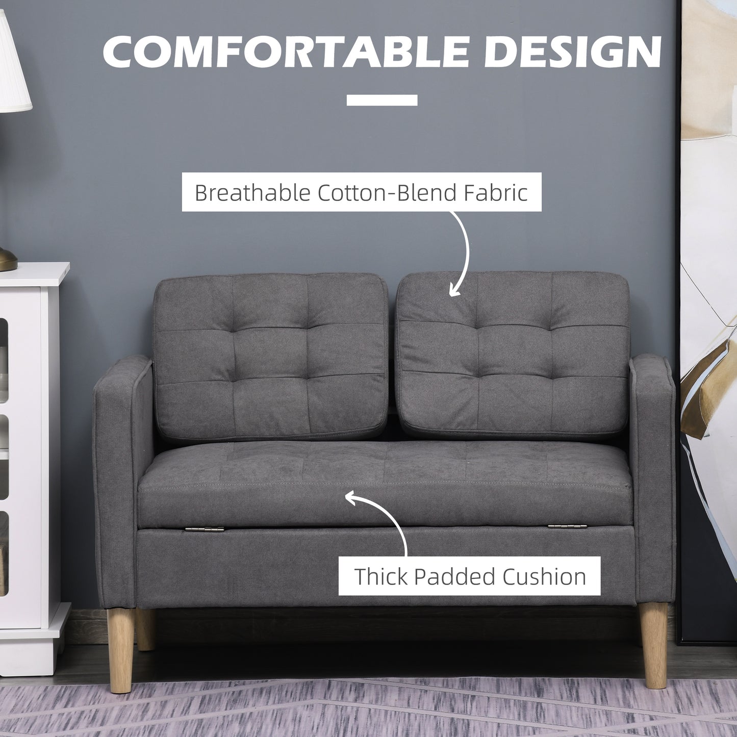 2 Seater Storage Sofa, Fabric Couch with Hidden Under Seat Storage, Thick Cushions