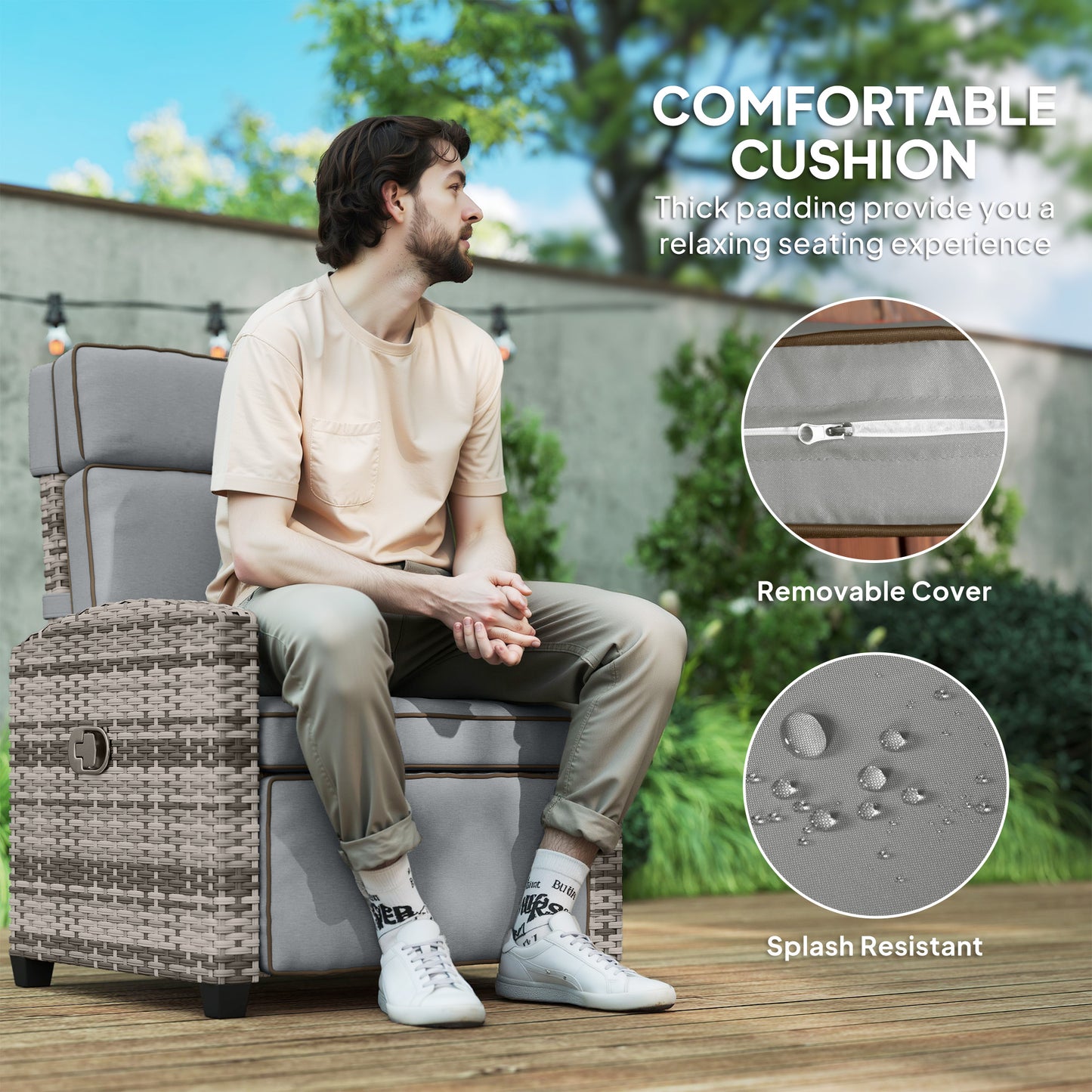 145° Reclining Rattan Armchair with Footrest - Mixed Grey