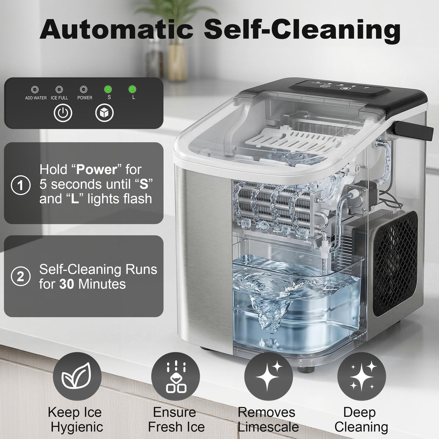 Ice Maker Machine Countertop, 9 Cubes Ready in 7 Mins, 12 KG in 24Hrs, 2 Sizes of Bullet, Self-Cleaning Ice Machine