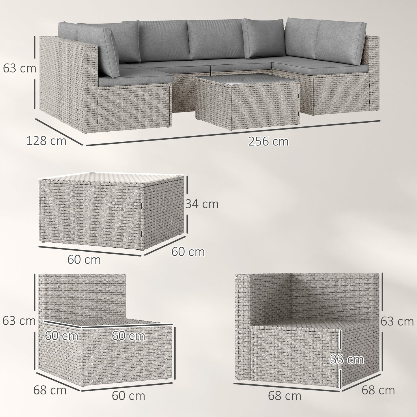 Seven-Piece Modular Rattan Set - Grey