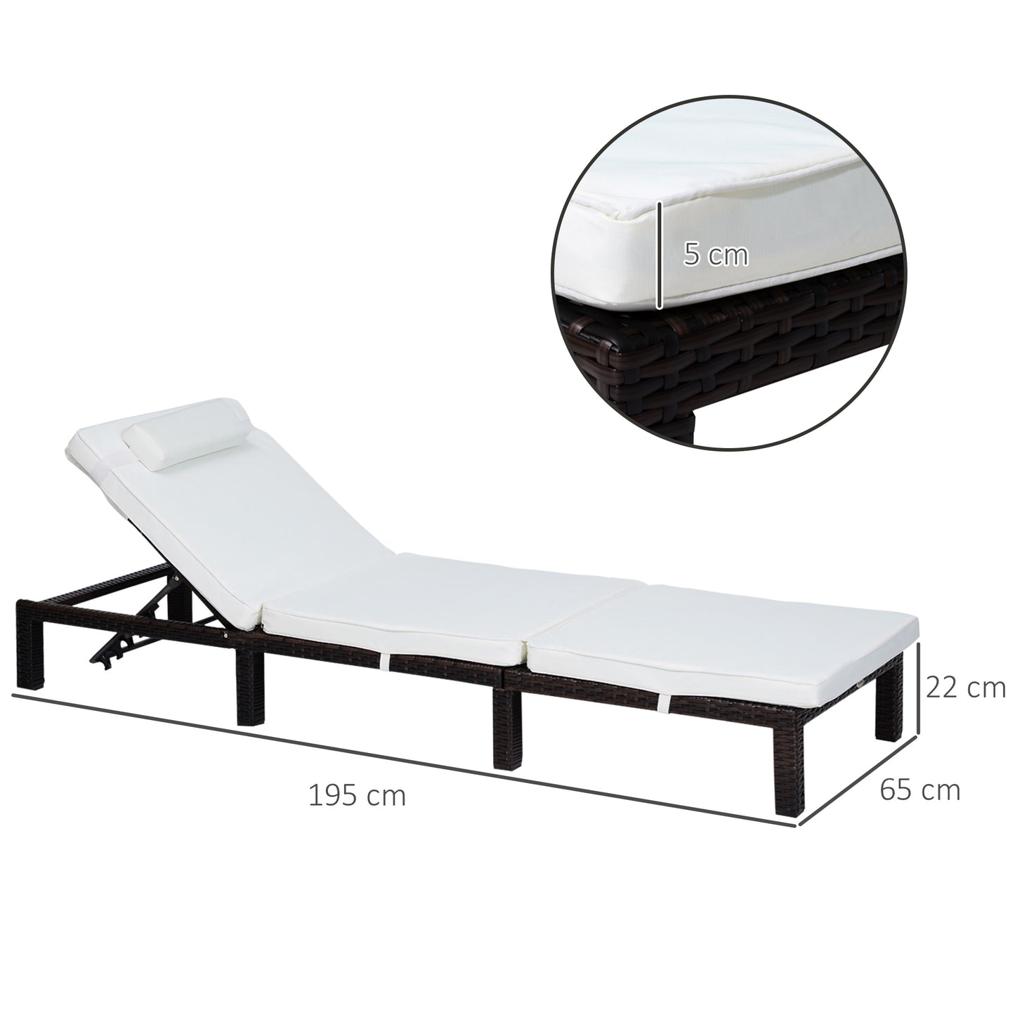 Rattan Sun Lounger, 5-Level Adjustable Garden Lounger Recliner with Cushion and Headrest, Outdoor Reclining Sunbed