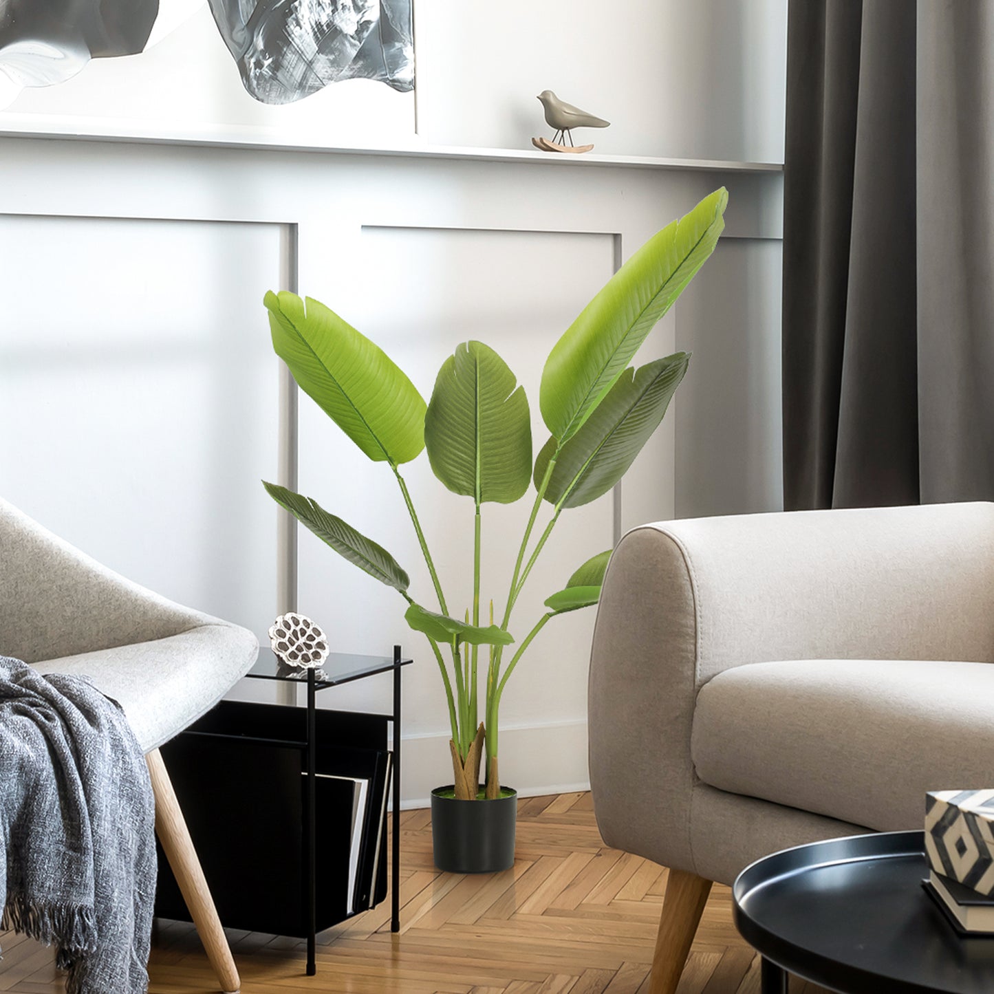 109cm Artificial Bird of Paradise Plant, Faux Banana Leaf Tree with PEVA Leaves and Flocking