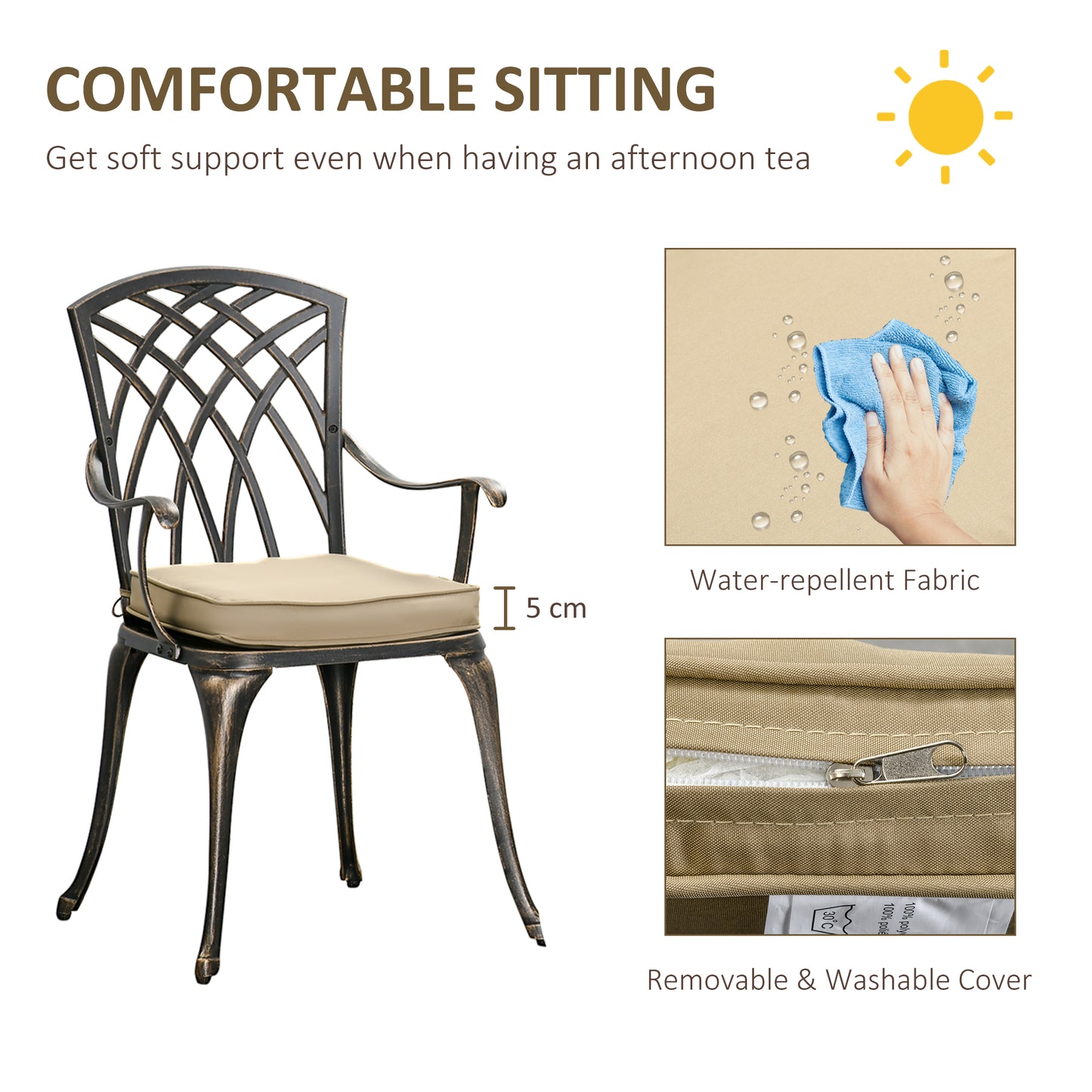 3pc Cast Aluminium Garden Bistro Set for 2 with Parasol Hole, Outdoor Coffee Table Set Rust Resistant with Cushions, Bronze