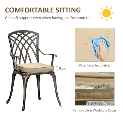 3pc Cast Aluminium Garden Bistro Set for 2 with Parasol Hole, Outdoor Coffee Table Set Rust Resistant with Cushions, Bronze