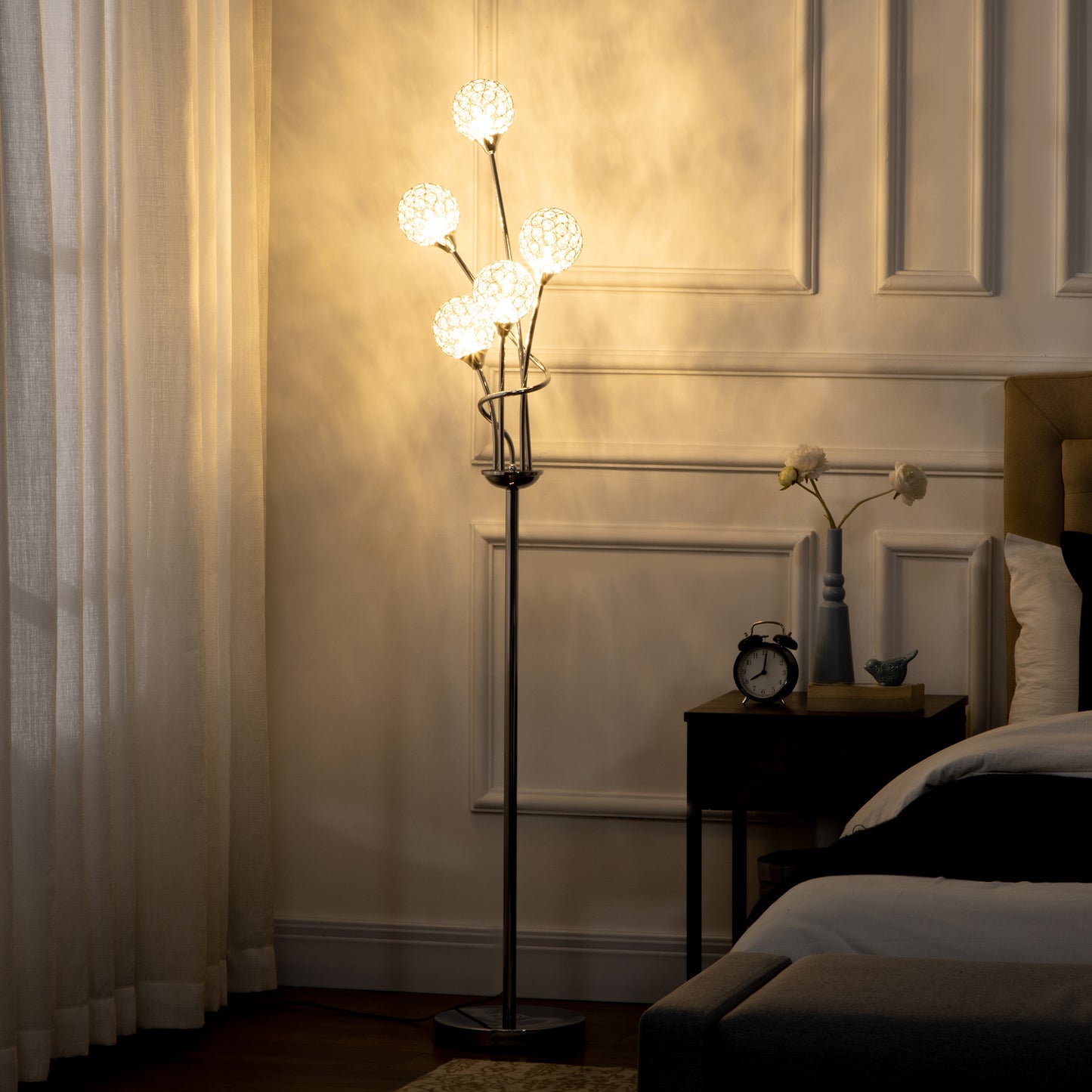Floor Lamps for Living Room Bedroom with 5 Light, Modern Upright Standing Lamp, 34x25x156cm, Silver