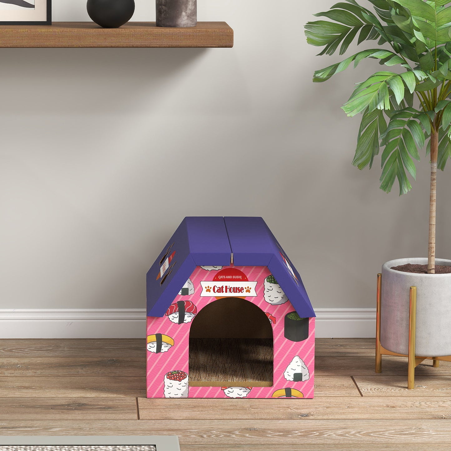 Cat Scratching Board, 2-in-1 Cardboard Cat House and Hideaway for Indoor Cats, Pink