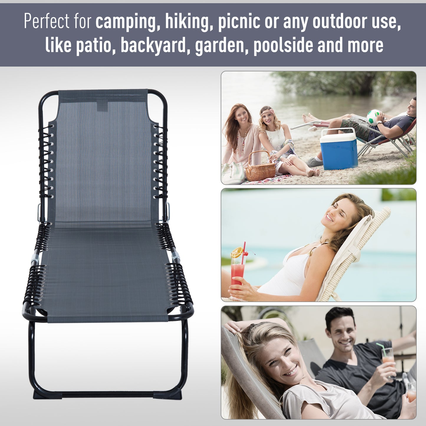 Foldable Sun Lounger, Outdoor 4 Level Adjustable Backrest Reclining Chaise Chair, Steel Frame Recliner Chair for Camping