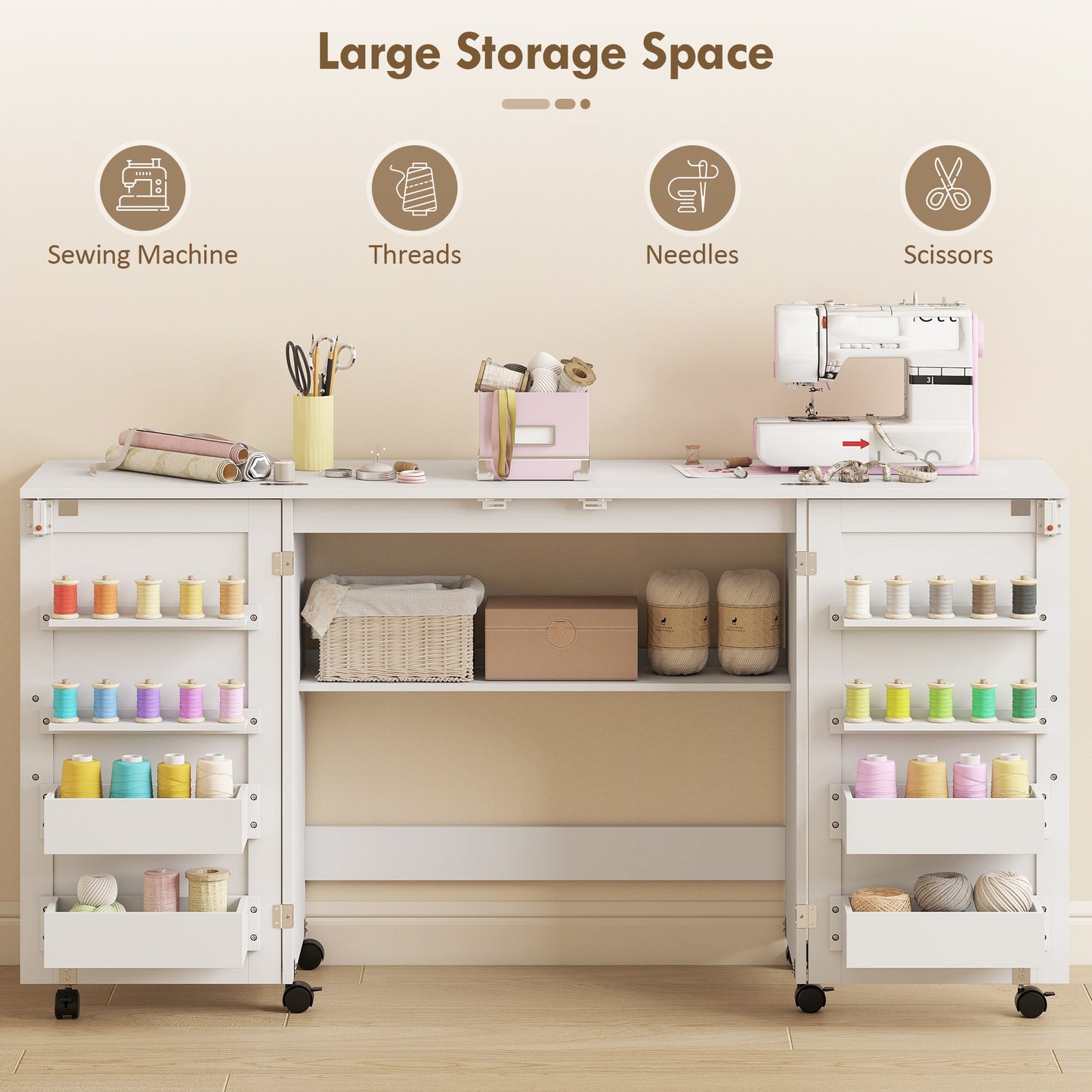 Folding Sewing Table with 2 Magnetic Doors, Storage Shelf, Lockable Wheels, Space Saving, White