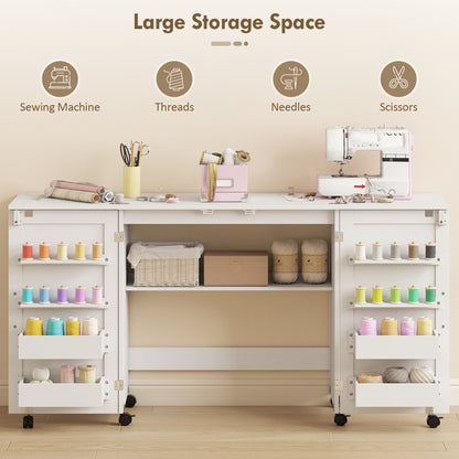 Folding Sewing Table with 2 Magnetic Doors, Storage Shelf, Lockable Wheels, Space Saving, White