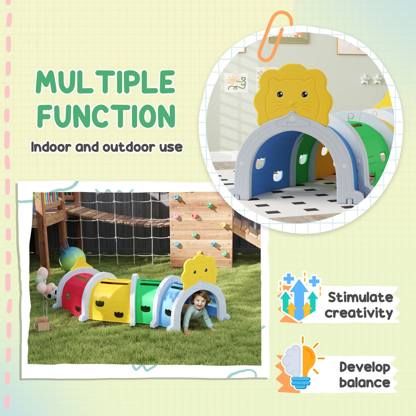 Kids Play Tunnel with Lion Design for 3-6 Years, Crawling, Climbing, Indoors & Outdoors
