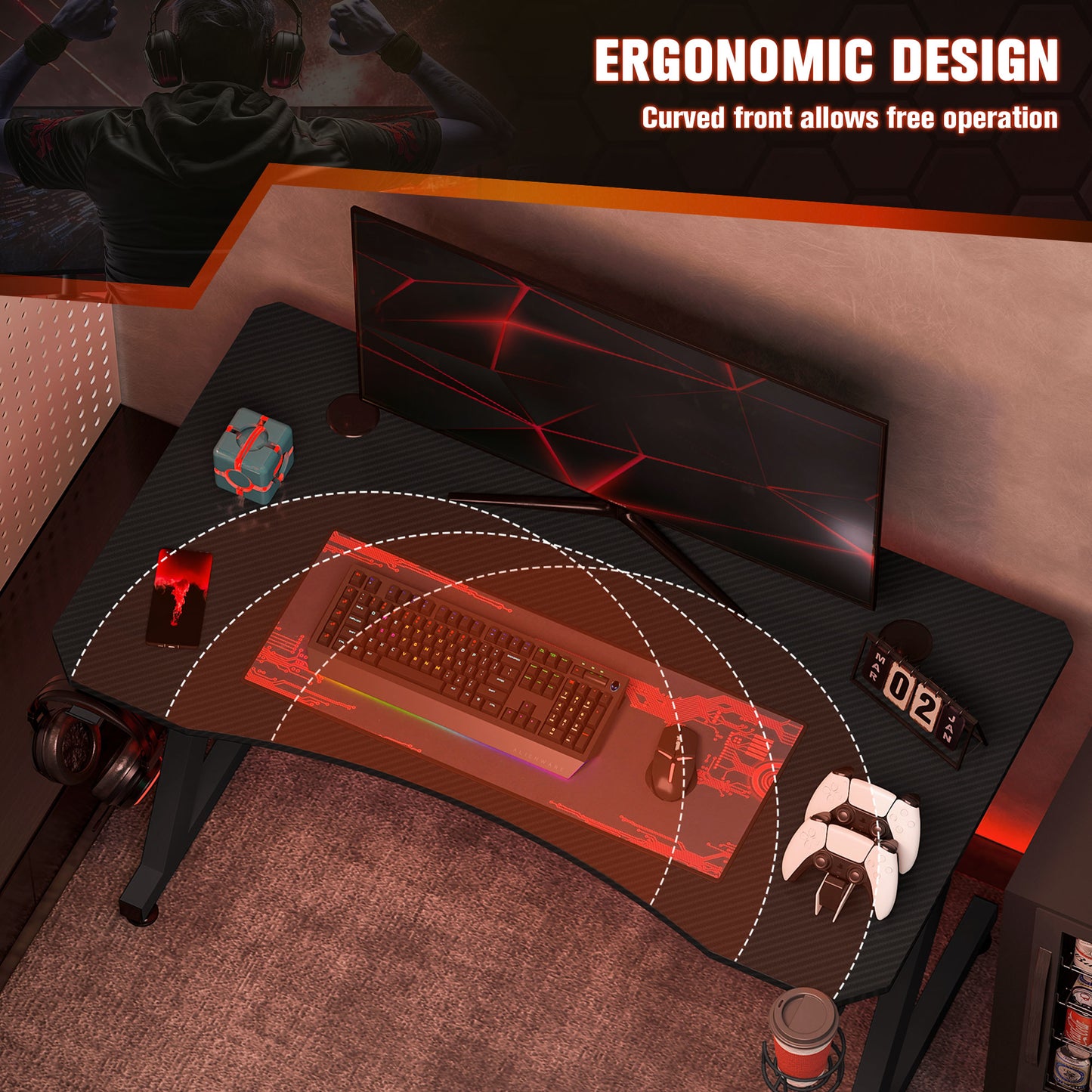Gaming Desk 120 x 65 cm Steel Frame with Cup Holder, Headphone Hook, Adjustable Feet and Cable Organiser