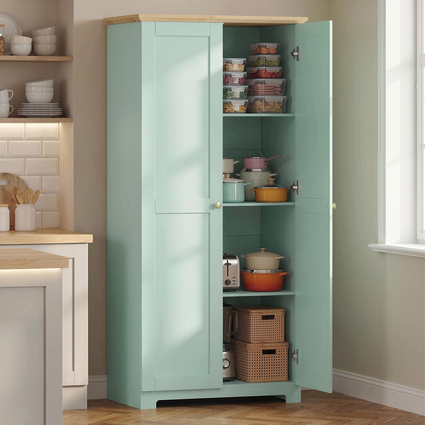 Kitchen Cupboard, 172cm Freestanding Storage Cabinet with Doors and Shelves, Light Green