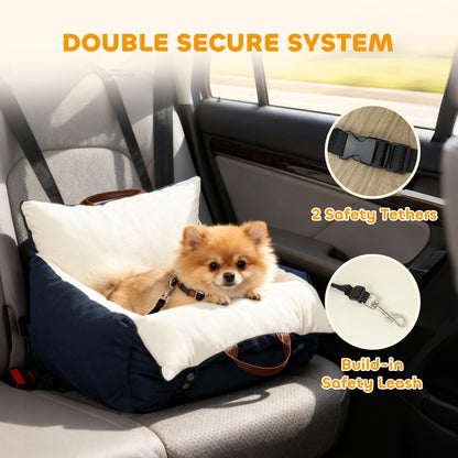 Dog Car Seat, Cosy Pet Car Booster Seat for Small Dog Under 5 KG, Portable Travel Bed with Safety Belts, Navy Blue