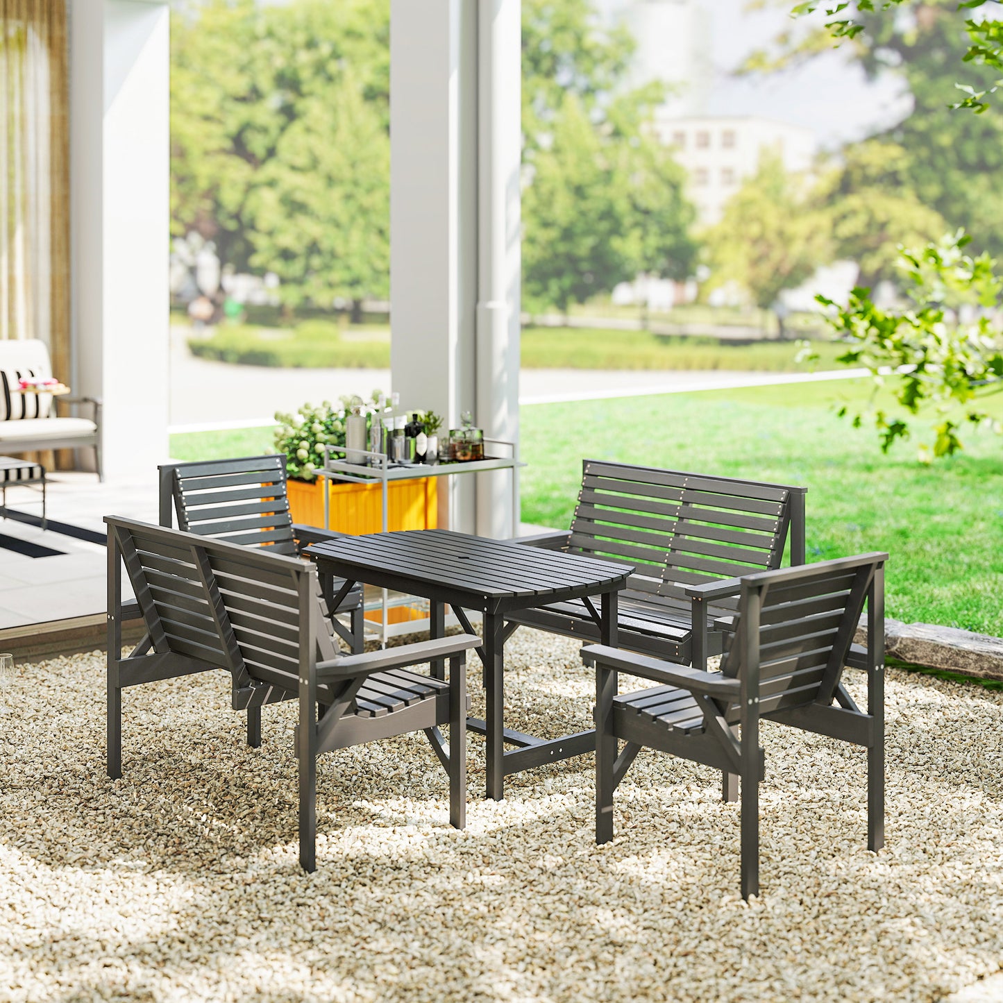 5 Piece Wooden Garden Dining Set for 6, Outdoor Conversation Set with 2 Armchairs, 2 Loveseats and Dining Table