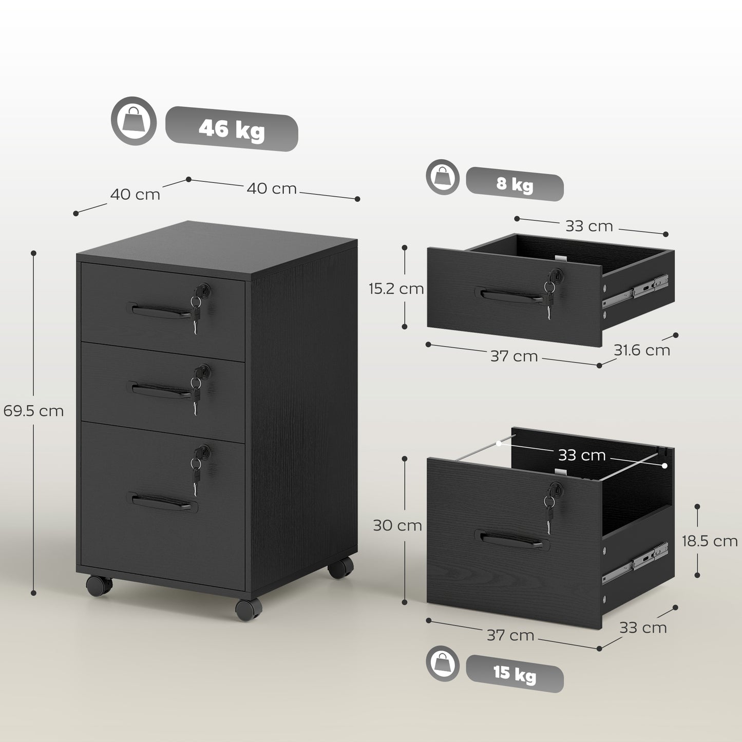 Three Drawer Wood-Effect Filing Cabinet - Black