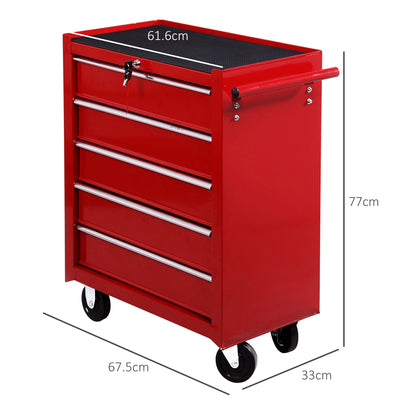 5 Drawer Tool Box on Wheels, Lockable Steel Tool Cabinet with Side Handle, Red