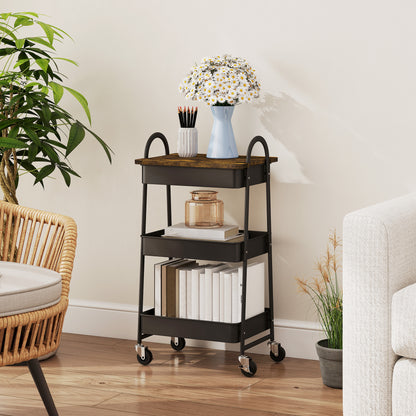 3-Tier Kitchen Storage Trolley with on Wheels Cover Top Board - Rustic Brown and Black
