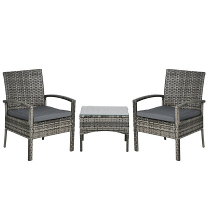 3 Pieces Rattan Bistro Set, Wicker Garden Furniture Set with Glass Top Coffee Table and Chairs