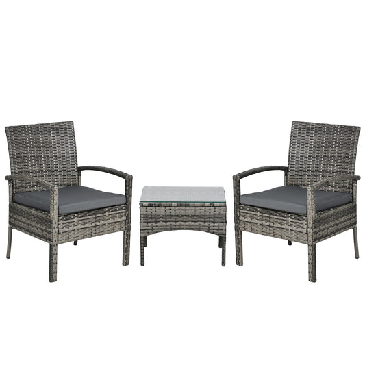 3 Pieces Rattan Bistro Set, Wicker Garden Furniture Set with Glass Top Coffee Table and Chairs