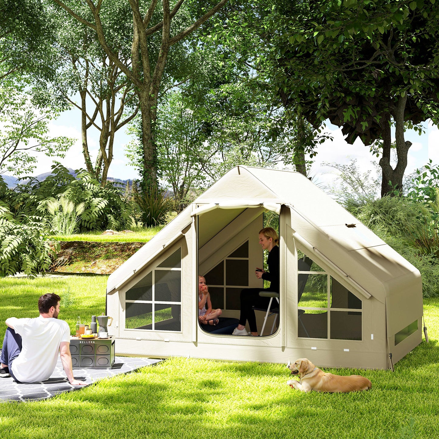 Inflatable Camping Tent with Pump, Stove Jack Hole, Easy Setup 2-4 Person Family Blow Up Tent