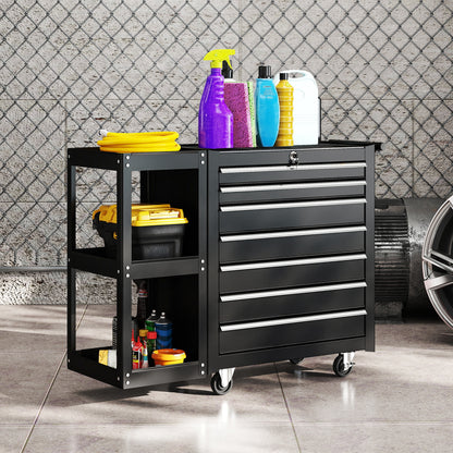 Lockable Steel Tool Chest on Wheels, 7 Drawer Tool Box with Handle for Workshop, Garage, Black