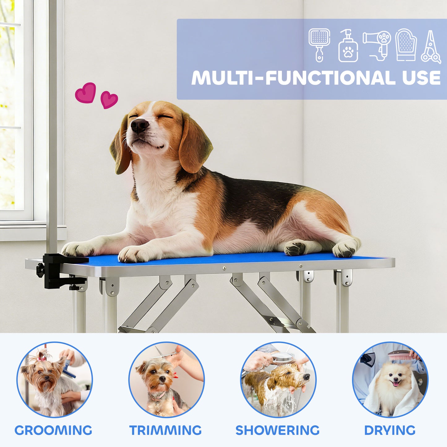 32" Foldable Dog Grooming Table Pet Drying Beauty Table Adjustable Fixed Arm Rubber Top, Blue