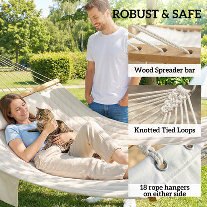Double Hammock 2 Person Swing Bed with Spreader Bars, Pillows, Pad, 200 x 140cm, Cream White
