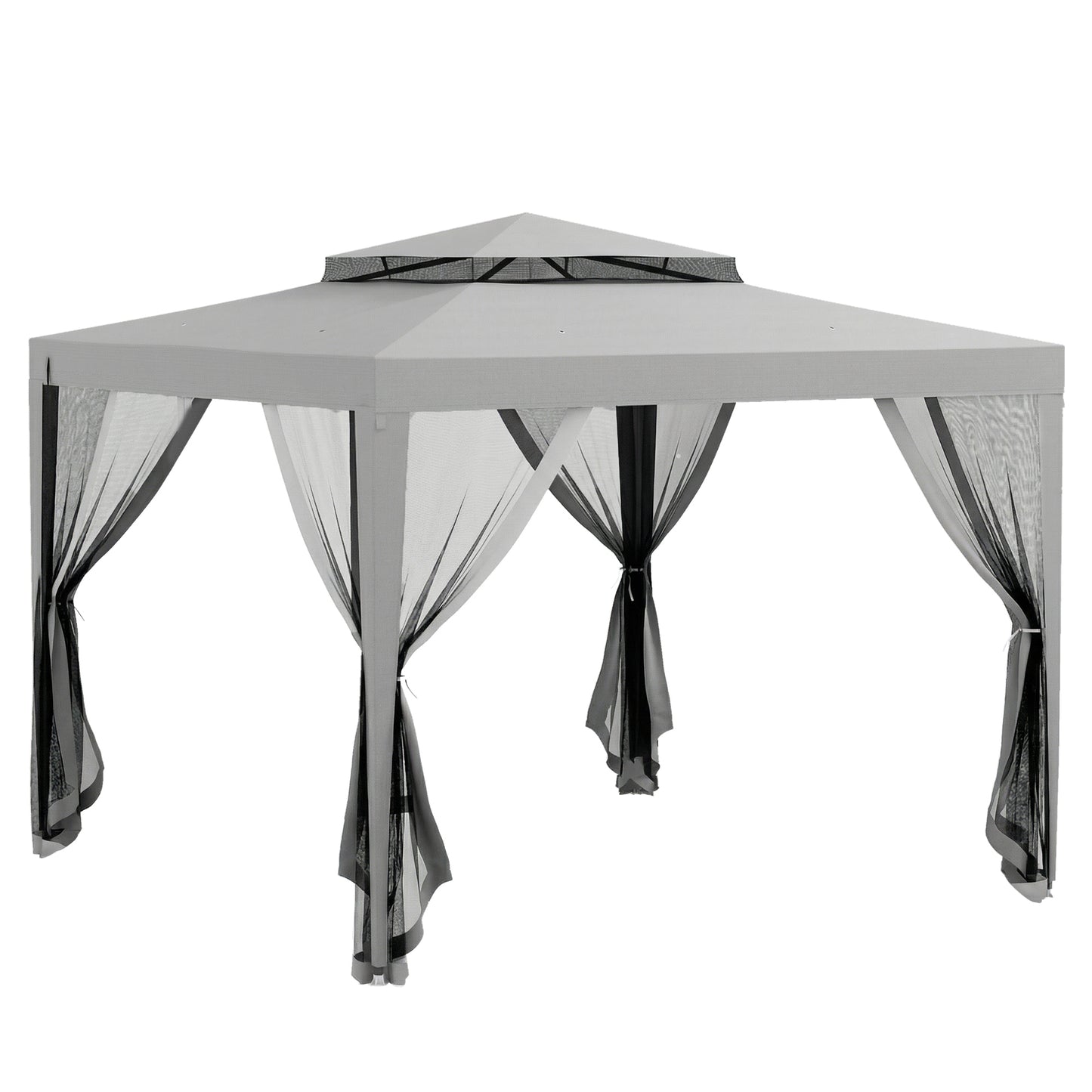 3 x 3 m Gazebo, Netting Party Tent, Patio Canopy Outdoor Event Shelter with Double Tier Roof, Light Grey