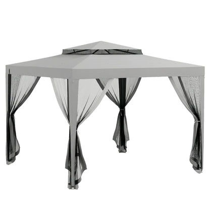 3 x 3 m Gazebo, Netting Party Tent, Patio Canopy Outdoor Event Shelter with Double Tier Roof, Light Grey