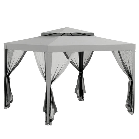 3 x 3 m Gazebo, Netting Party Tent, Patio Canopy Outdoor Event Shelter with Double Tier Roof, Light Grey
