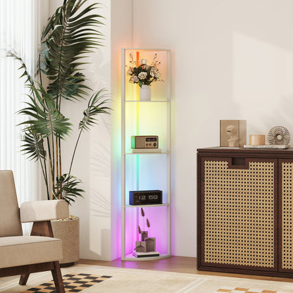 RGB LED Floor Lamp with Shelves, 4-Tier Dimmable Standing Lamp with Remote Control, Oak
