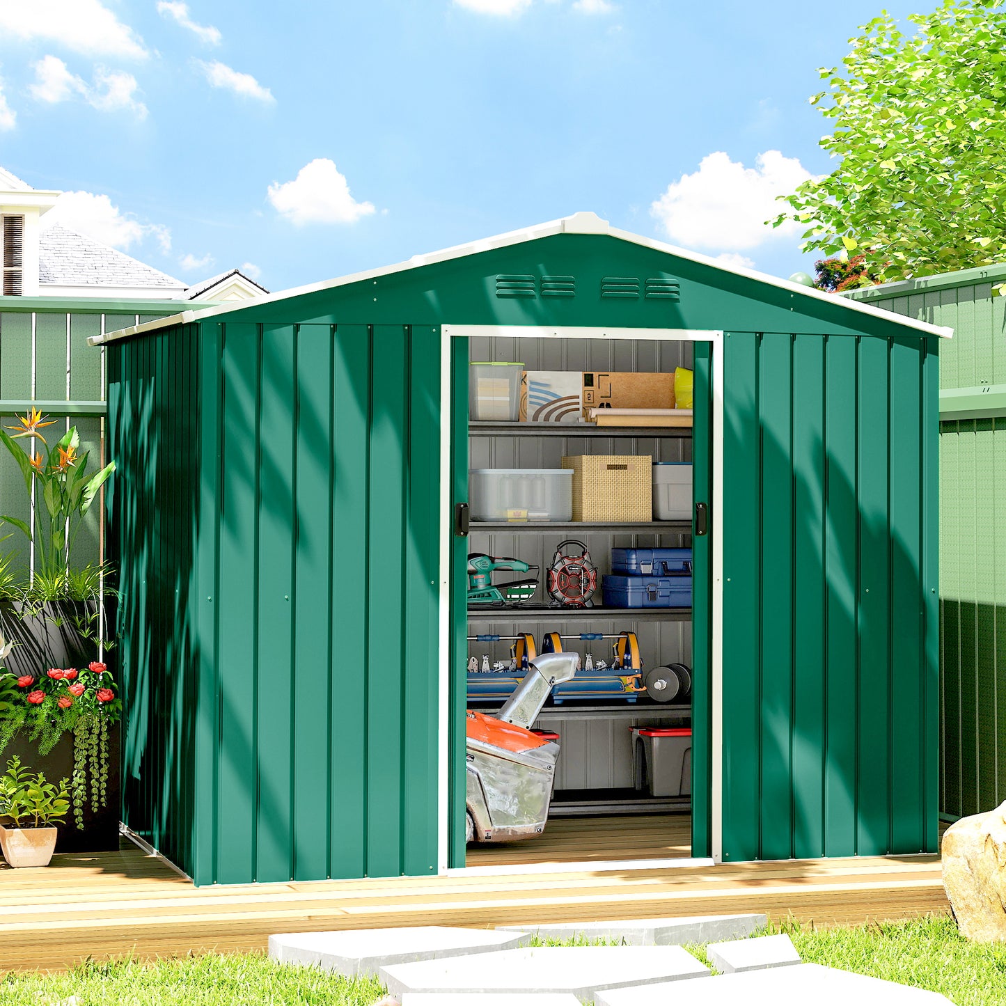 8 x 6ft Galvanised Steel Shed, with Double Door - Green