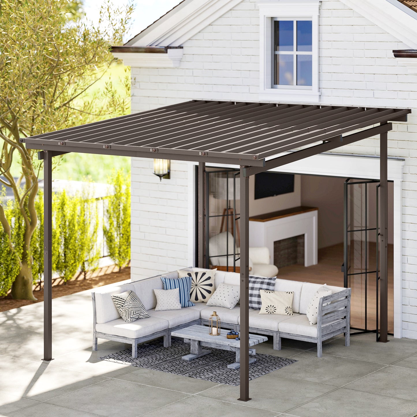 3 x 3(m) Garden Pergola with Waterproof Metal Roof, Lean to Pergola Hardtop Gazebo, Wind-resistant Outdoor Sun Shade