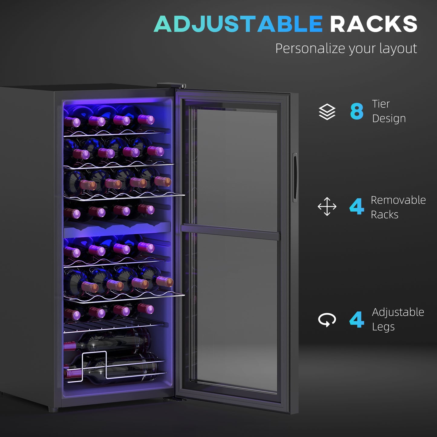 32-Bottle Narrow Wine Fridge, with Lights - Black