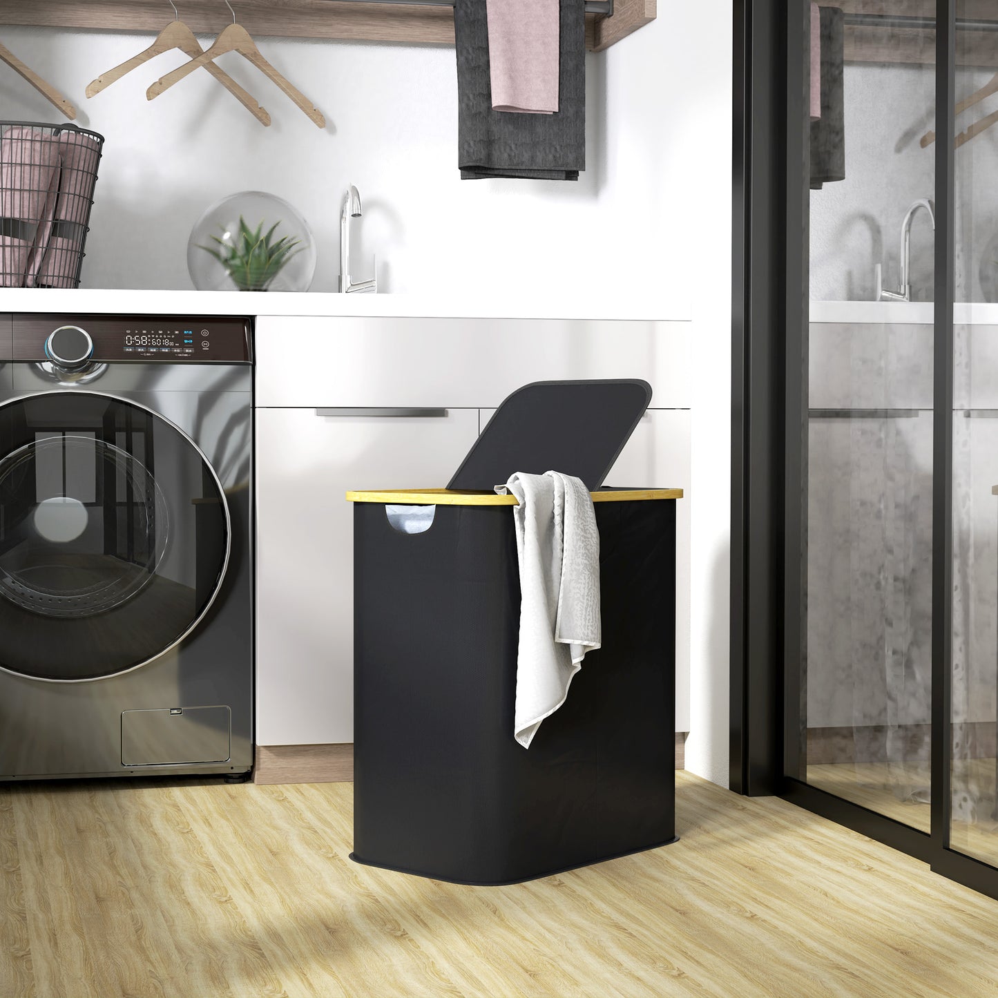 Double Laundry Basket With Lid, 80L Collapsible Laundry Hamper with Groove Handles, Washing Basket for Bathroom, Bedroom