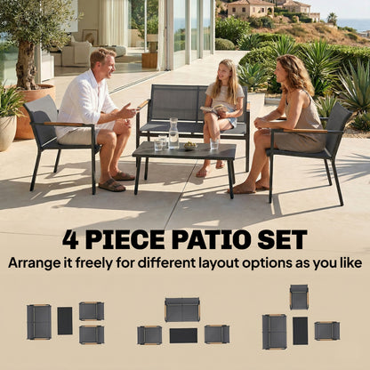 4 Seater Garden Furniture Set with Loveseat, Armchairs, Table, Metal Garden Sofa Set with Breathable Seats, Grey