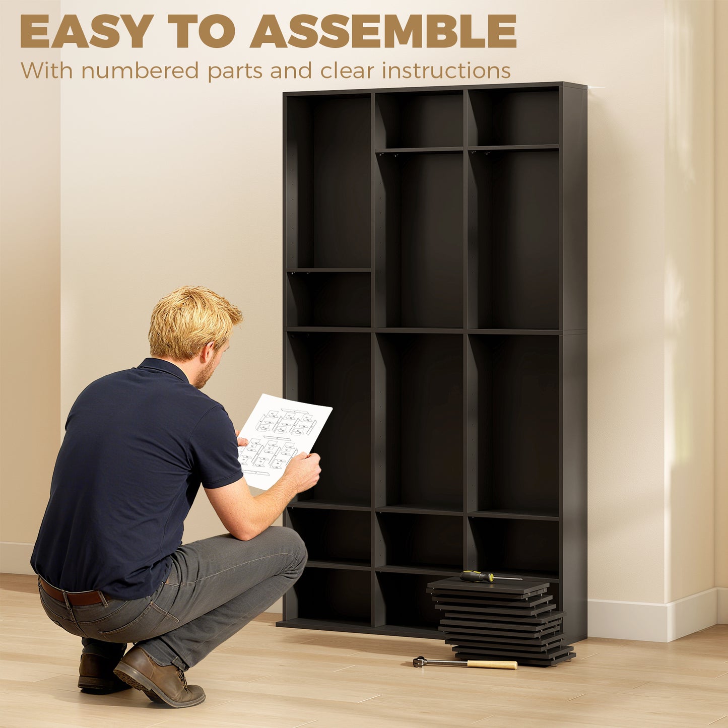 835 CD/500 DVD Storage Unit, Blu-ray Media Storage Shelf with 27 Compartments and 21 Adjustable Shelves, Black