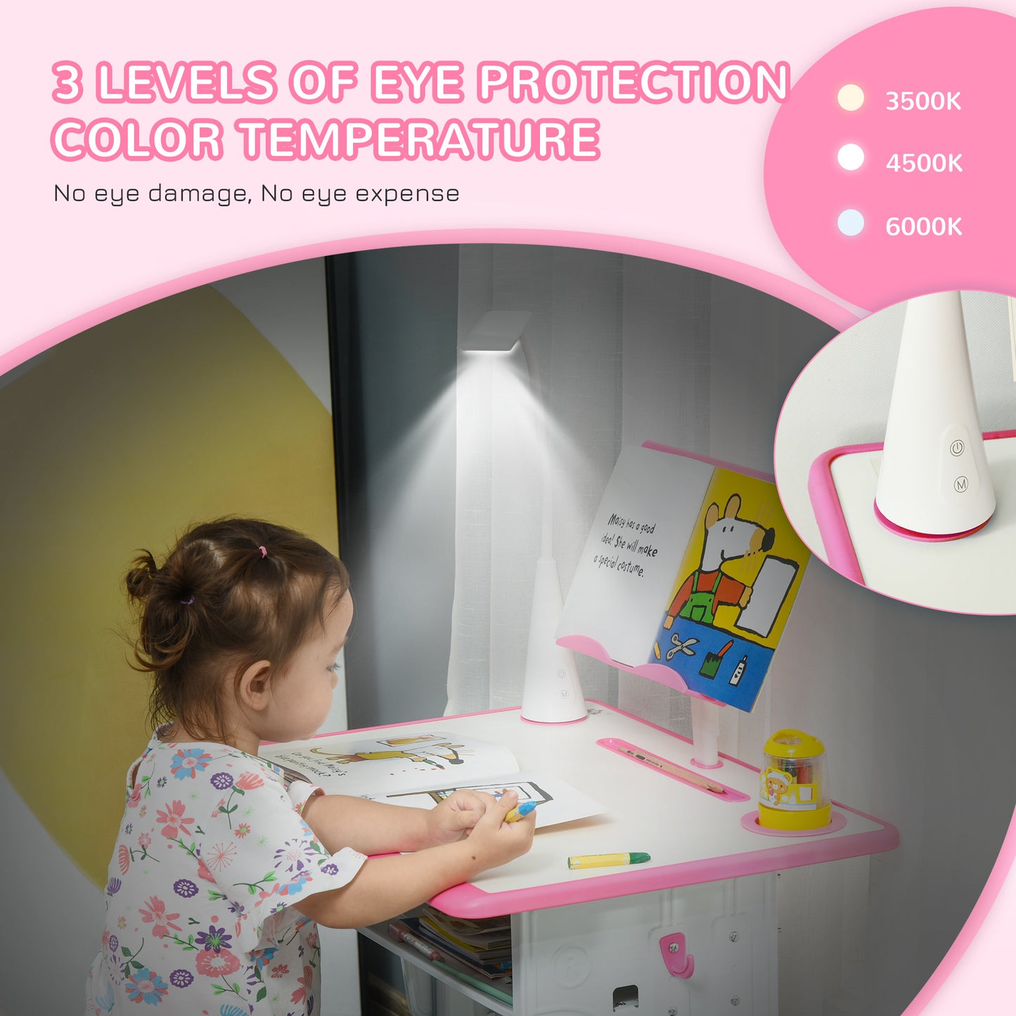 Kids Desk and Chair Set Adjustable Height Study Table Set with Drawer, Book Stand, Pen Slot - Pink