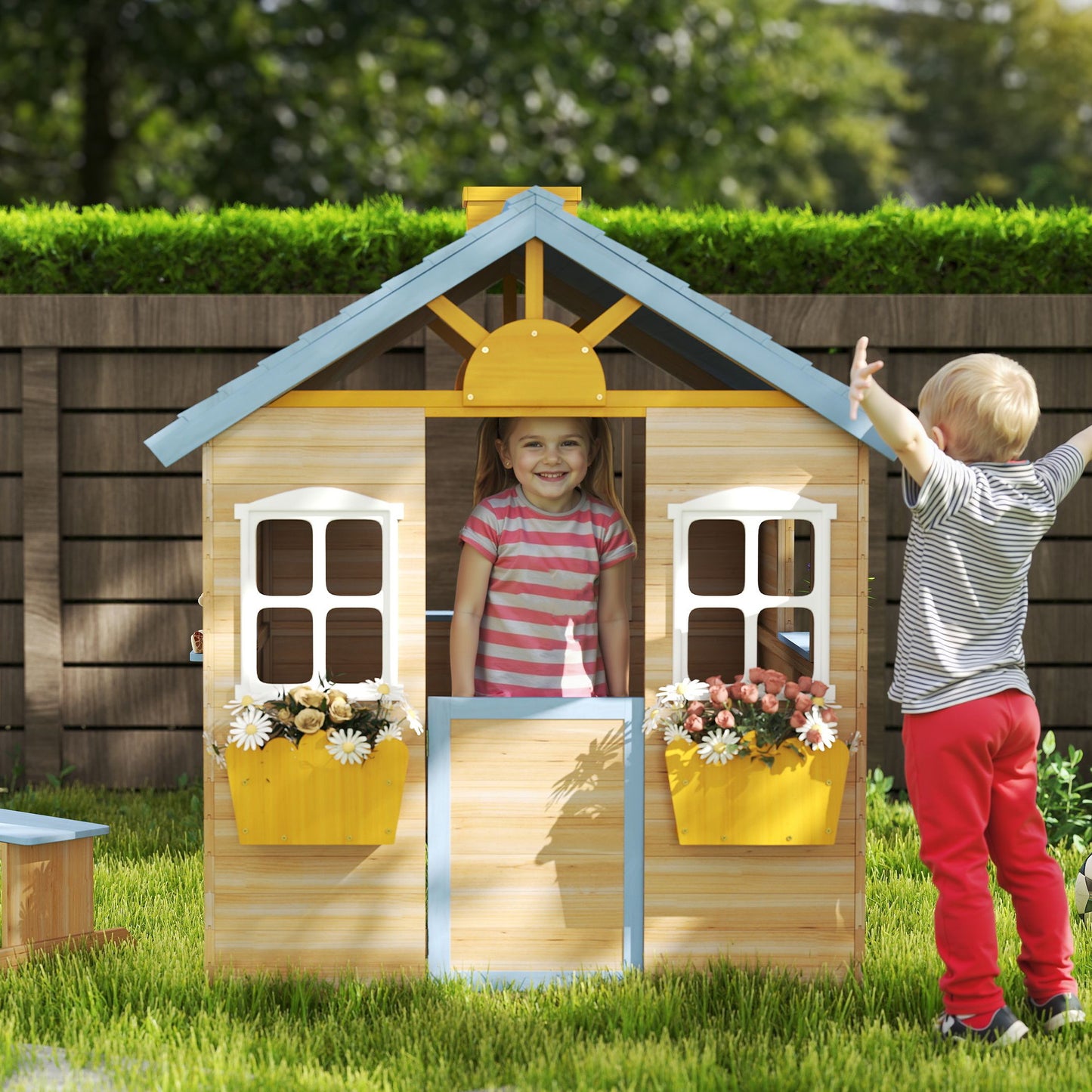 Wooden Playhouse, Wendy House with Door, Bench, Flowerpot Holder, for Ages 3-7 Years, Blue