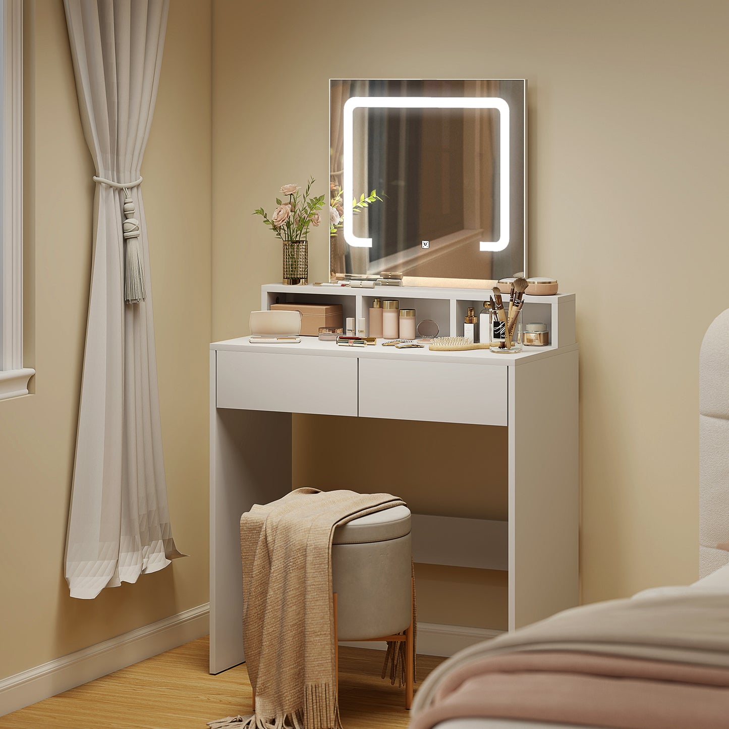 Storage Dressing Table, with LED Light Mirror - White