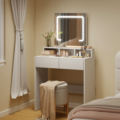 Storage Dressing Table, with LED Light Mirror - White