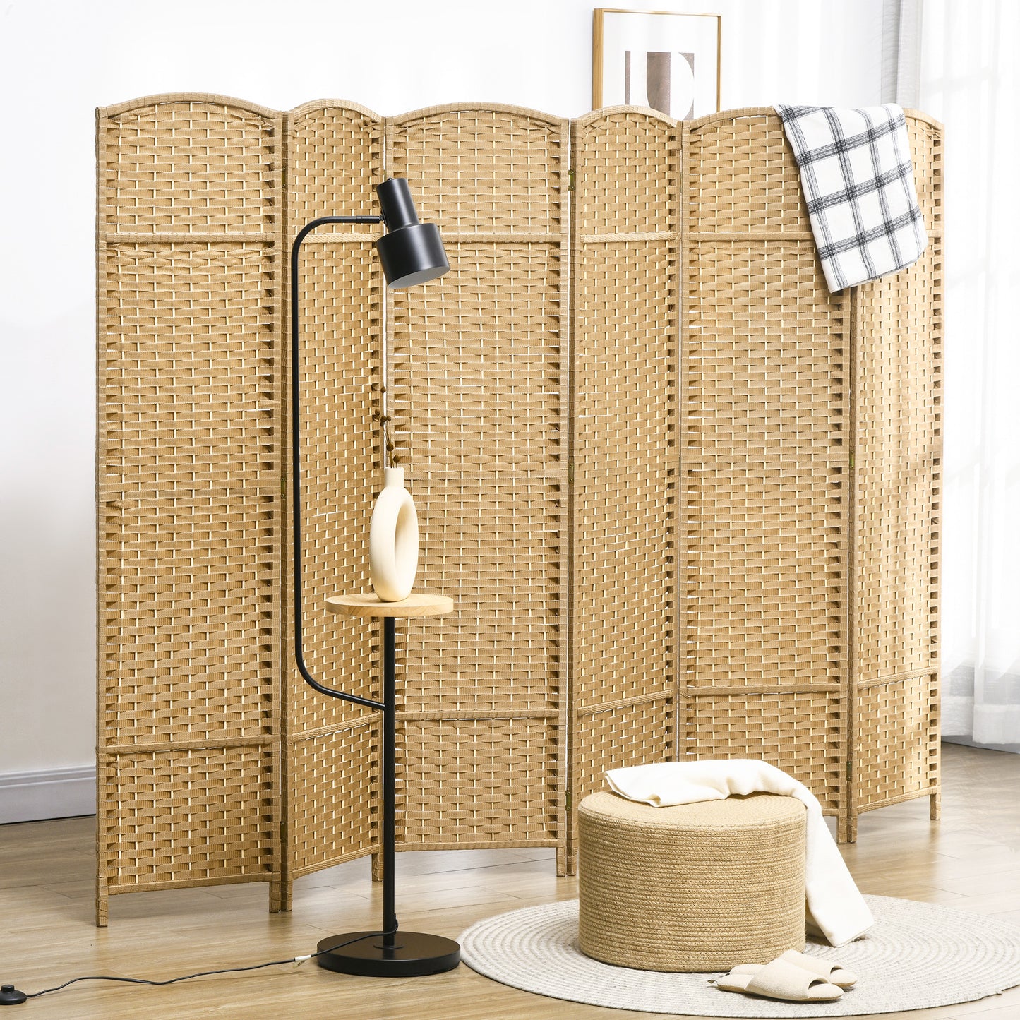 6 Panel Folding Room Divider, Freestanding Privacy Screen for Living Room, Bedroom and Office, 240 x 170cm, Natural