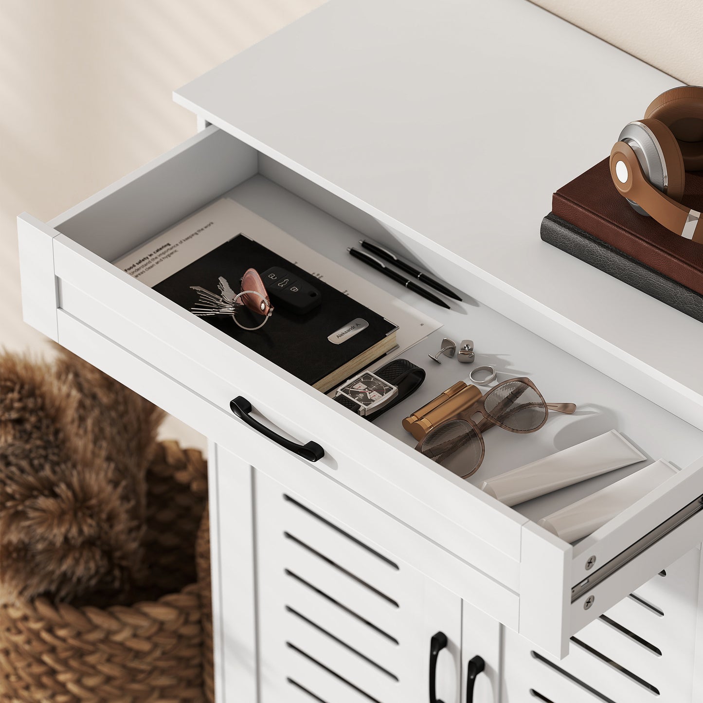 Shoe Cabinet with Louvered Doors, Modern Shoe Storage Cabinet with Drawer and Adjustable Shelves, White