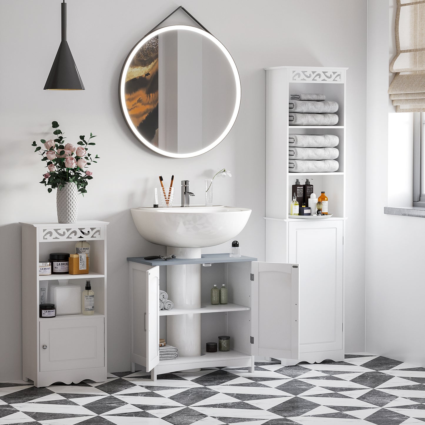 Pedestal Under Sink Cabinet with Double Doors, Modern Bathroom Vanity Unit, Storage Cupboard with Adjustable Shelves, White