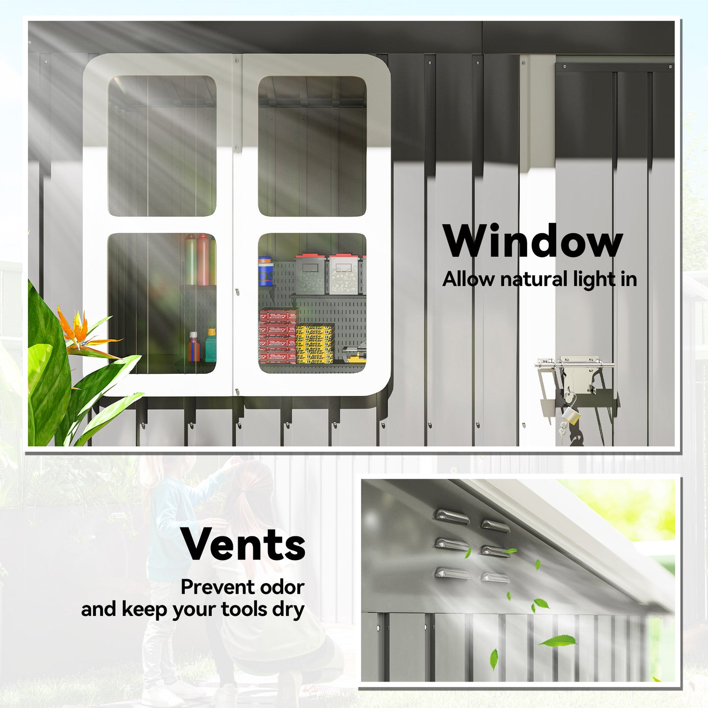 7 x 4ft Eco-friendly Galvanised Steel Garden Shed, with Lock and Gloves, 40kg/㎡ Snow Capacity - Grey