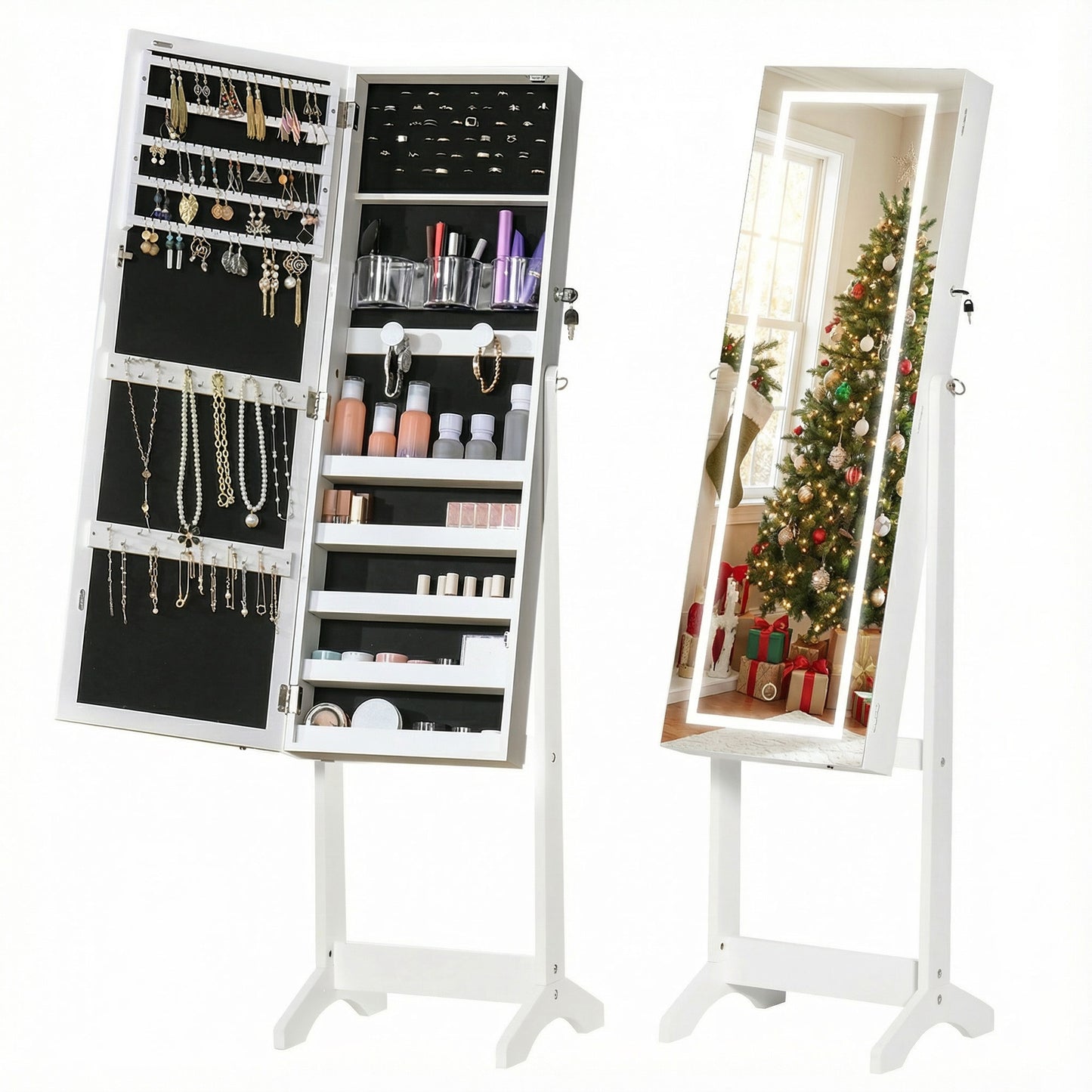 Jewellery Cabinet with LED Light, Lockable Jewellery Organiser with Full-Length Mirror for Bedroom Dressing Room, White